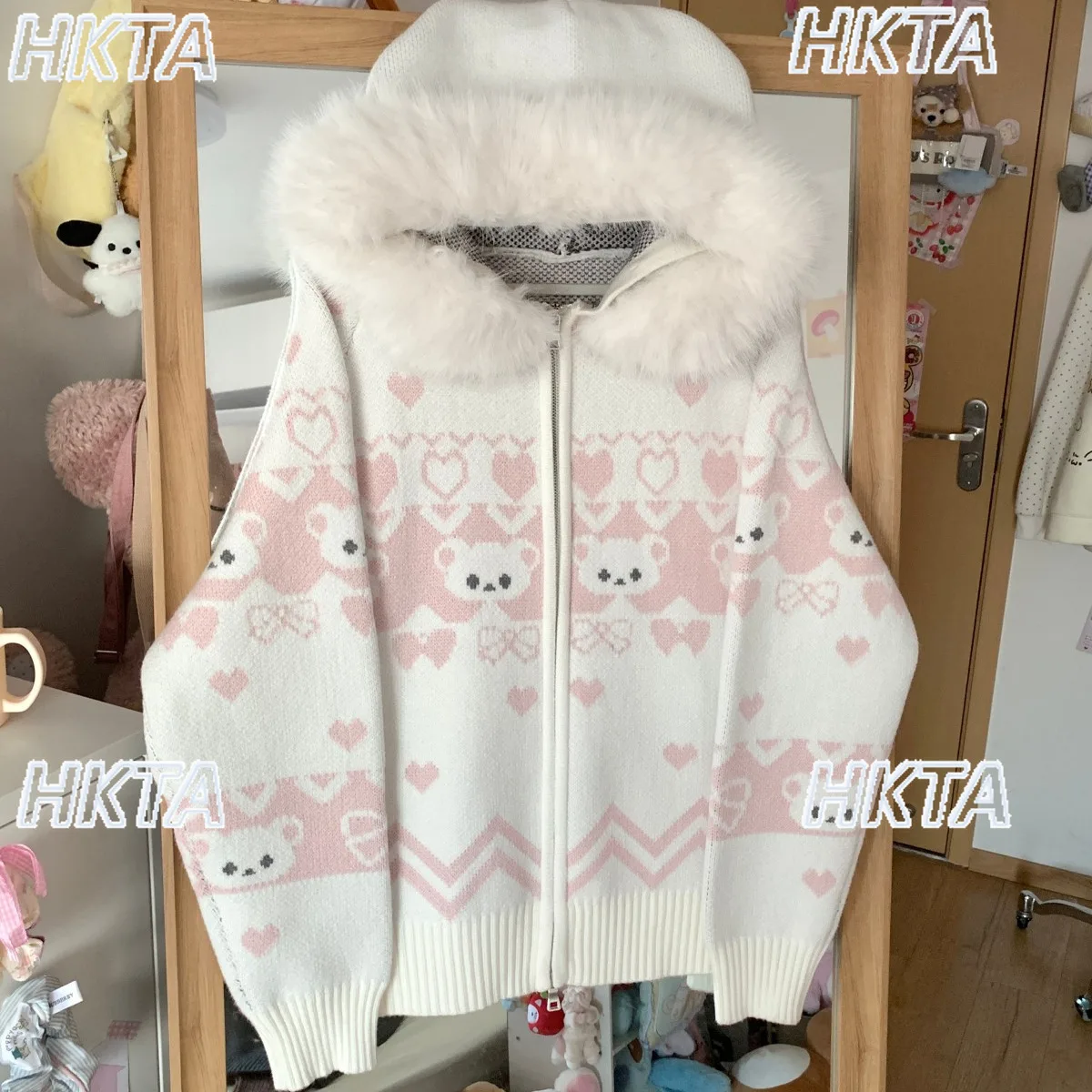 

Japanese 2025 New Winter Loose Casual Sweet Thickened White Cardigan Jacket Girls Cute Cartoon Hooded Coat Knitted Sweater Women