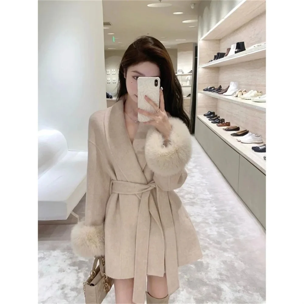 High-End Splicing Short Furry Sleeves blend Wool Coats With Lace-up Strap Woolen Jacket With Spring And Autumn Long Sleeves Loos