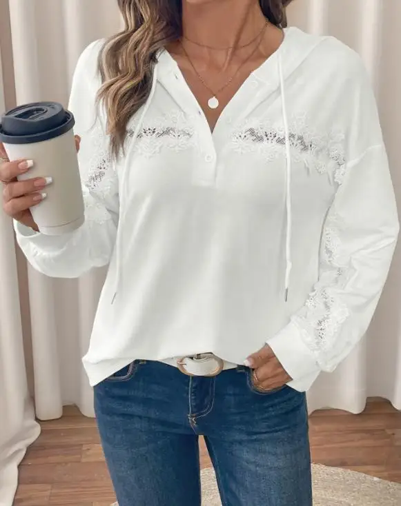 خريف جديد بلون الدانتيل المرقعة مقنعين البلوز للنساء، عصرية وعارضة الدانتيل يصل بأكمام طويلة مقنعين الأعلى #4