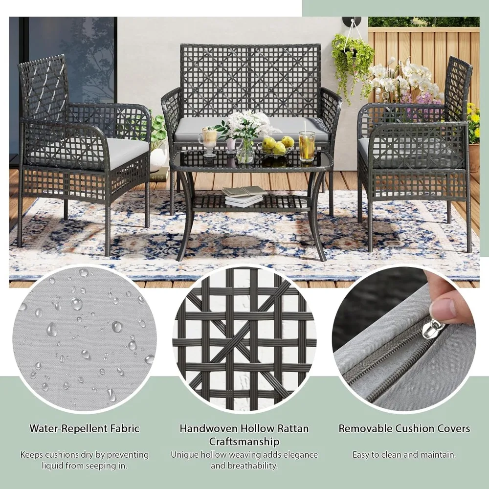 مجموعة أثاث فناء الروطان المقاوم للطقس مع طاولة قهوة من طبقتين وكراسي منجدة مخرمة لمنطقة المحادثة