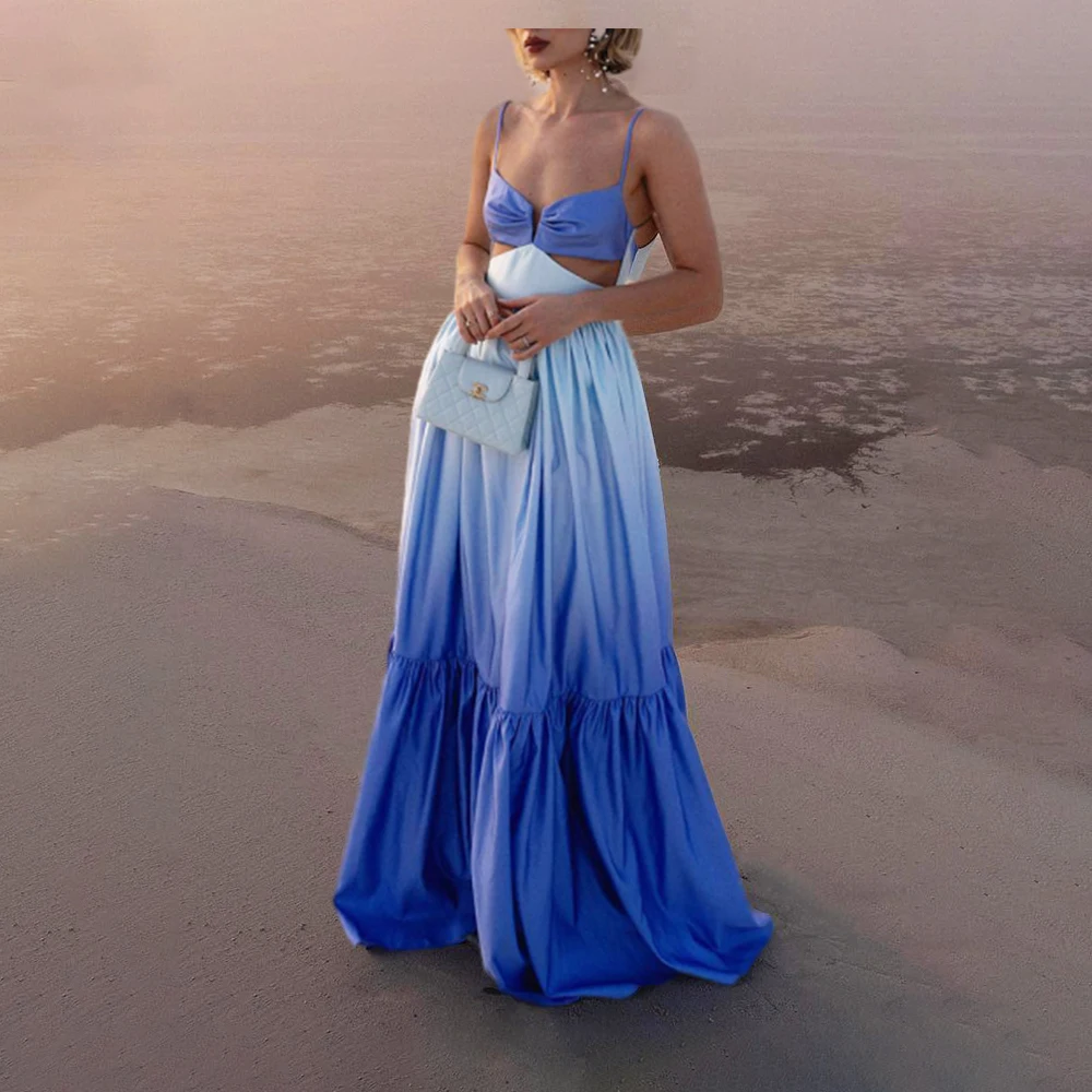 

Cut-out Maxi Dress Blue Gradient Elegant Sling Dresses 2024 Summer New Fashion Evening Party Beachwear Sleeveless Slip One-piece