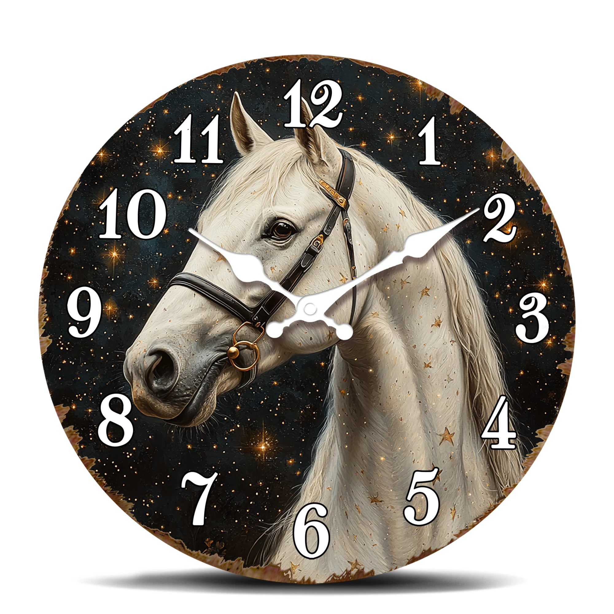 White Horse Head in Starry Night Wall Clock - Elegant Equine Portrait Design - Silent Non-Ticking Celestial Decor Timepiece
