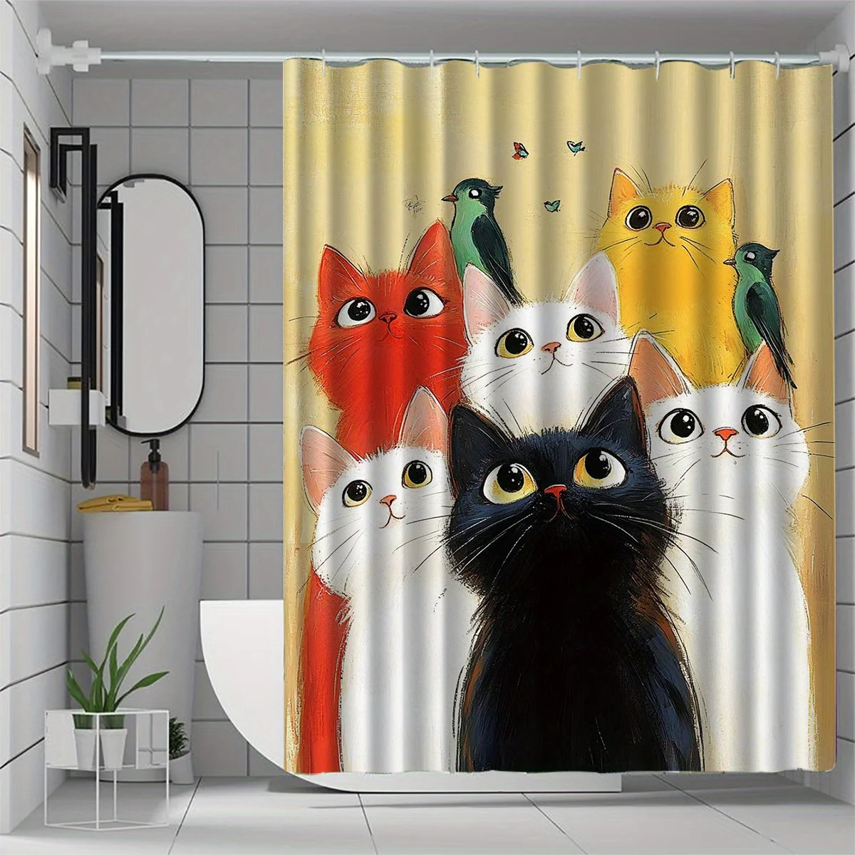 1pc Whimsical Cat Pattern Printed Shower Curtain with Hooks, Window & Wall Access, All-Season Polyester Bath Decor