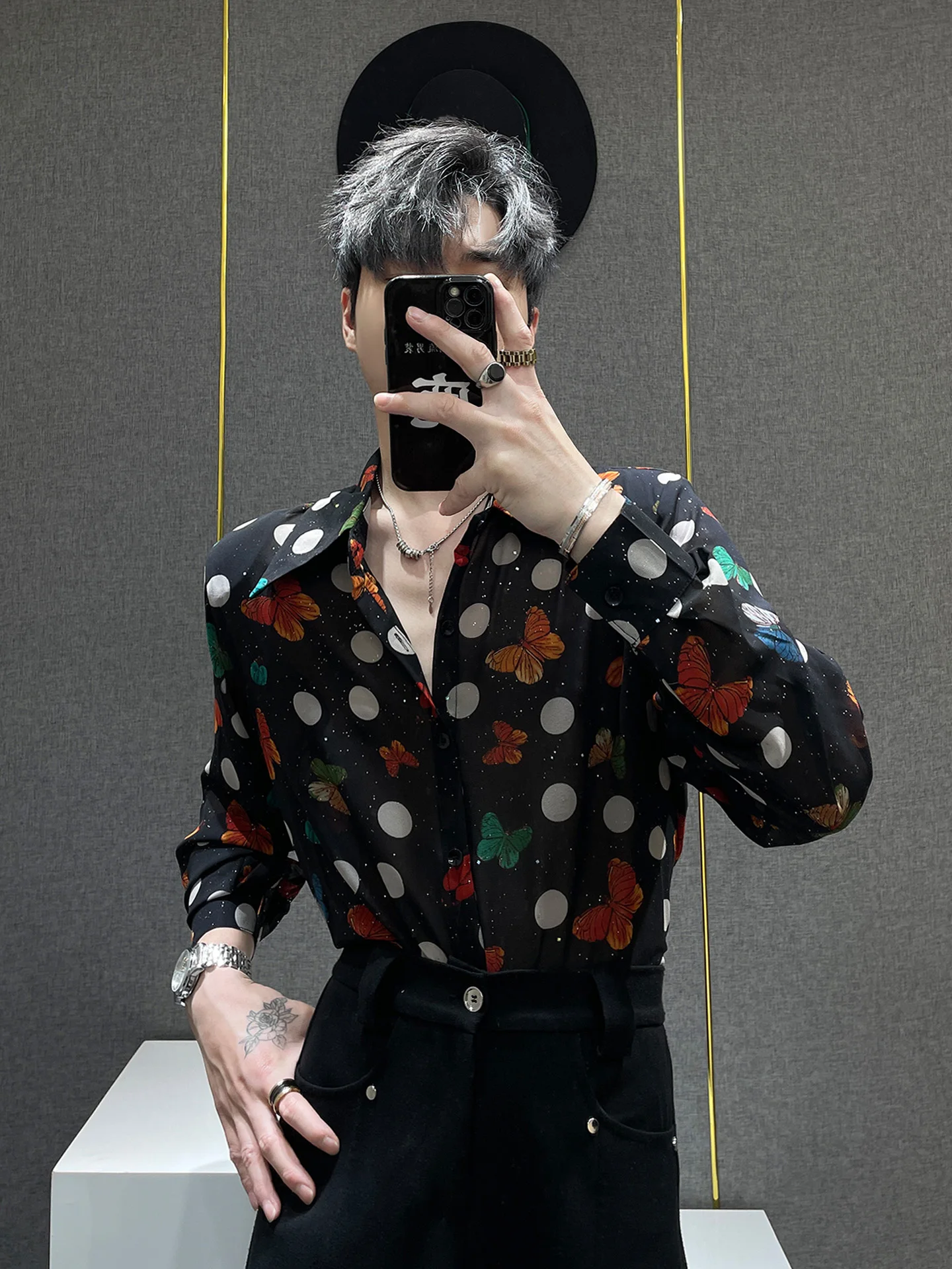 

Summer New Men's irt Print Me oulder Pad Design Breathable Loose Fit Long Sve arp Collar