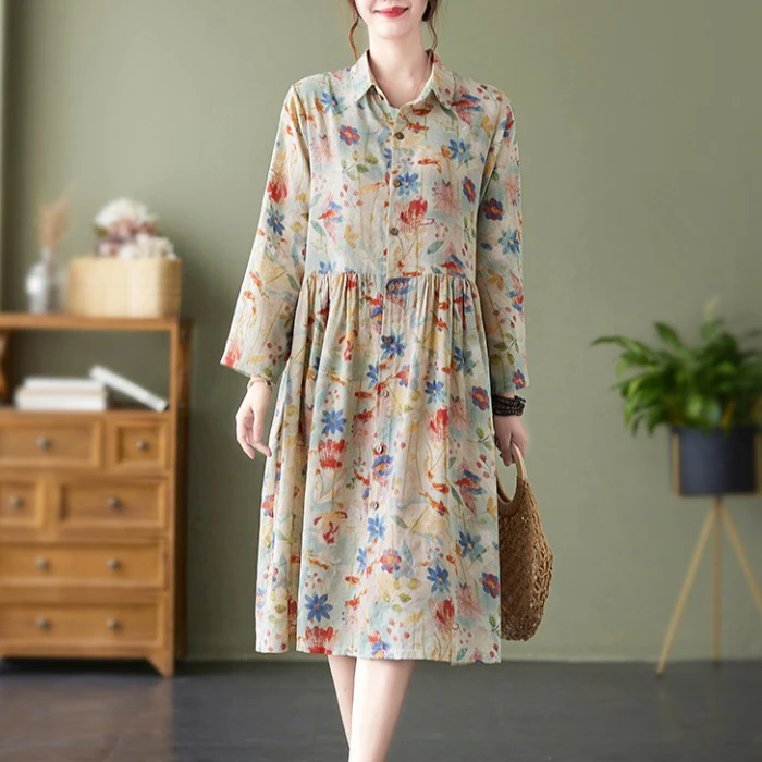 Retro-Blumendruck Midi Dr Single Button Nine Sve Collar Patchwork-Kleid A-Linie Silhouette Pendeln Sle Herbstkleidung