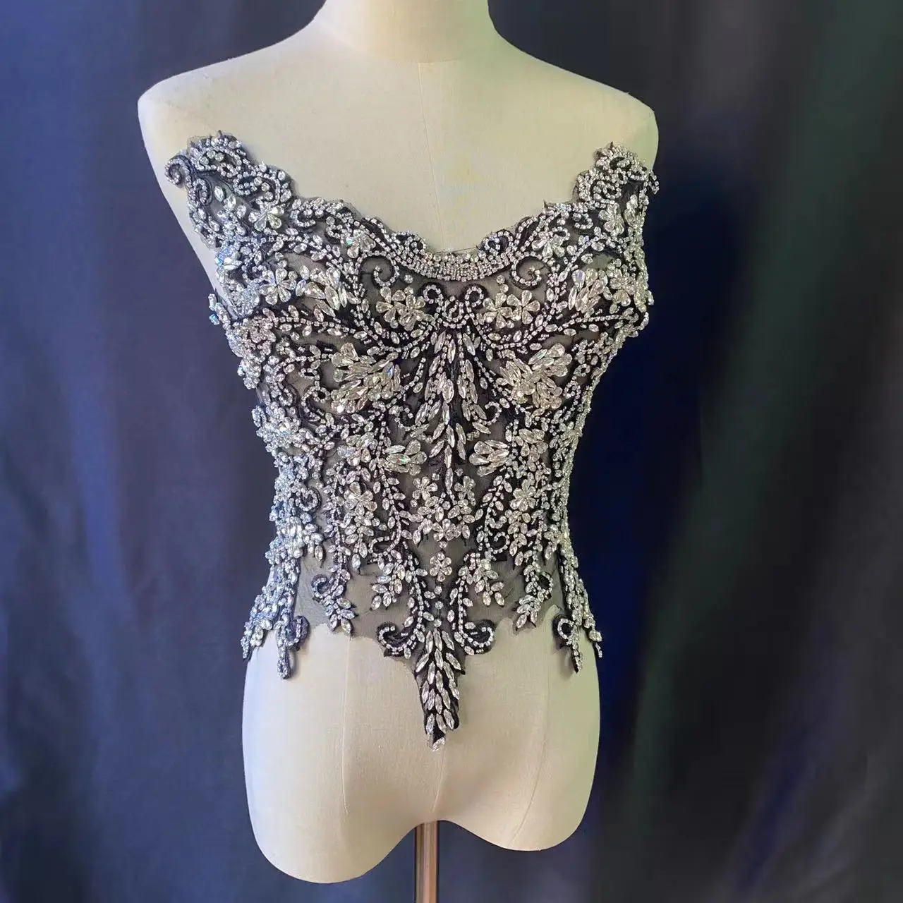 

Large Diamond Rhinestone Applique Silver and Black Heavy Bead Bodice Patch for Full Body Jewelry Costume,Wedding Dress,Ball Gown