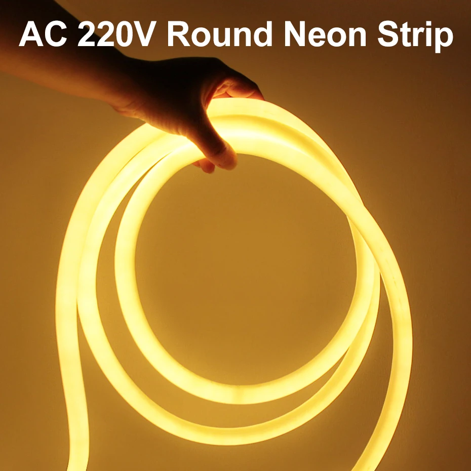 

220V LED Neon Strip Light Round Led Tape Tube with EU Plug 120LEDs/m Flexible Ribbon Waterproof For Outdoor Decoration Lighting