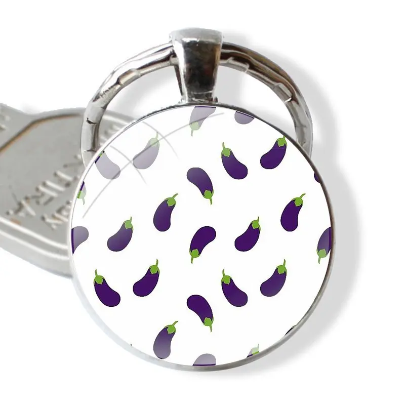 Keychain Glass Cabochon Metal Pendant Classic Men's Women's Keyring Food eggplant