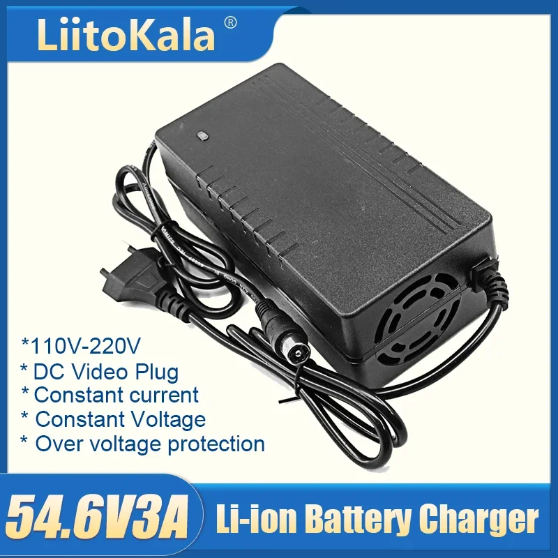 

LiitoKala 54.6V 3A 13S Li-ion Battery Pack Charger Plug 3 flat -XLR and video plug