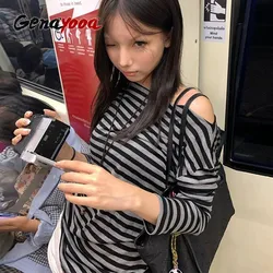 Genayooa Y2k Japanese T Shirt Women Slim Striped Off Shoulder Tee Tops Streetwear Korean Style Vintage Tops Autumn 2000s Tshirts
