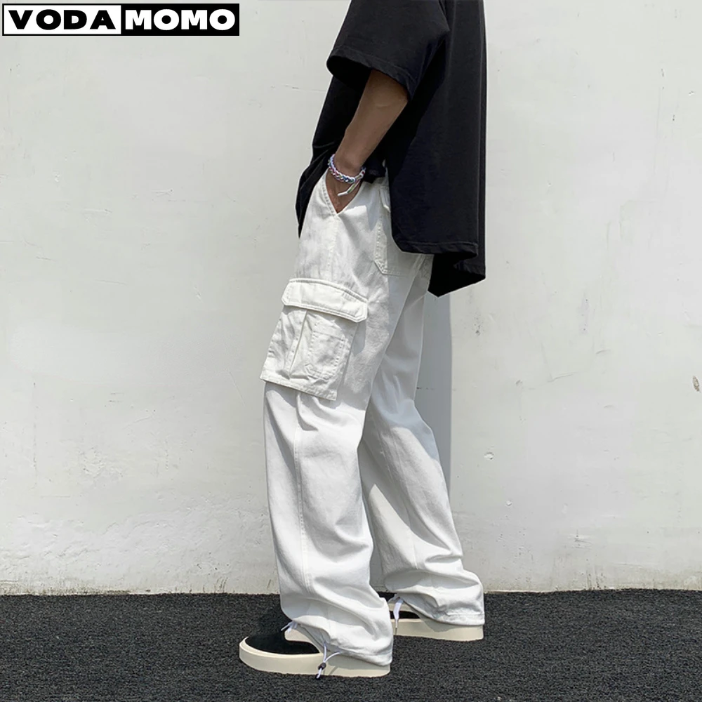 

Black white Casual Pants Men's Fashion Loose Straight Wide Leg Pants Men Streetwear Hip-hop Pocket Cargo Pants Mens Trousers