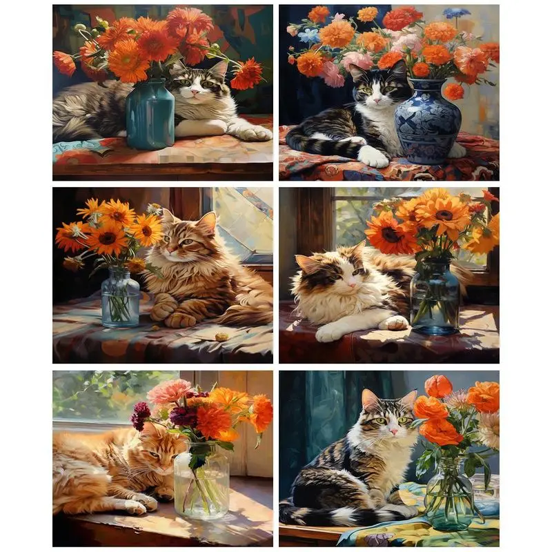 

CHENISTORY 5D Diamond Painting Flower Cat Full Diamond Embroidery Mosaic Animal Picture Of Rhinestones Home Decoration