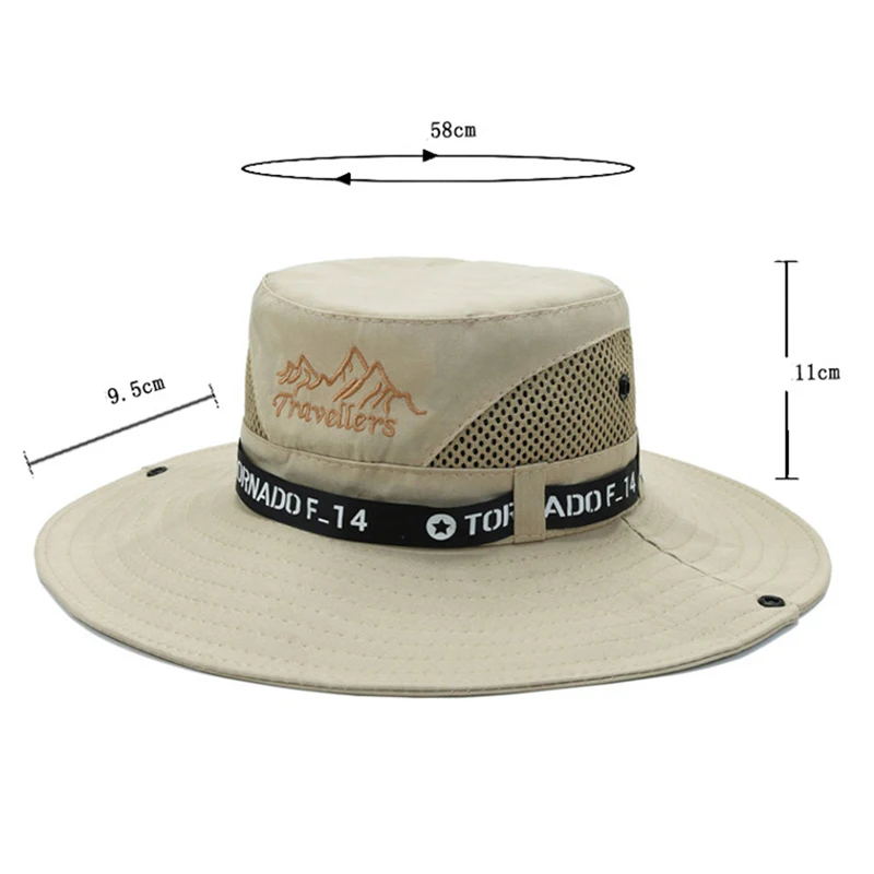 Men Summer Flat Big Brim Sunscreen Bucket Cap Outdoor Sport Letter Mountain Embroidery Fishing Fisherman Cycling Sun Hat W96