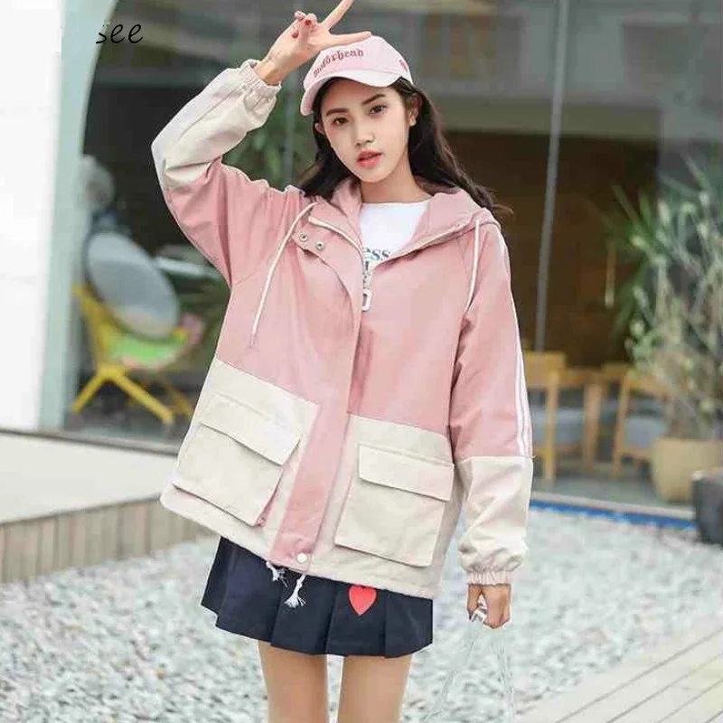 Casaco básico feminino retalhos à prova de vento simples moda zíper harajuku solto bf coreano outwear casacos primavera nova jaquetas femininas