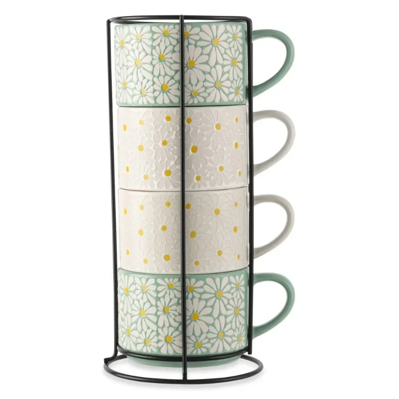 

Tool White 4 Pack Stacking White and Green Floral Mugs 11.1 fl oz, Stoneware