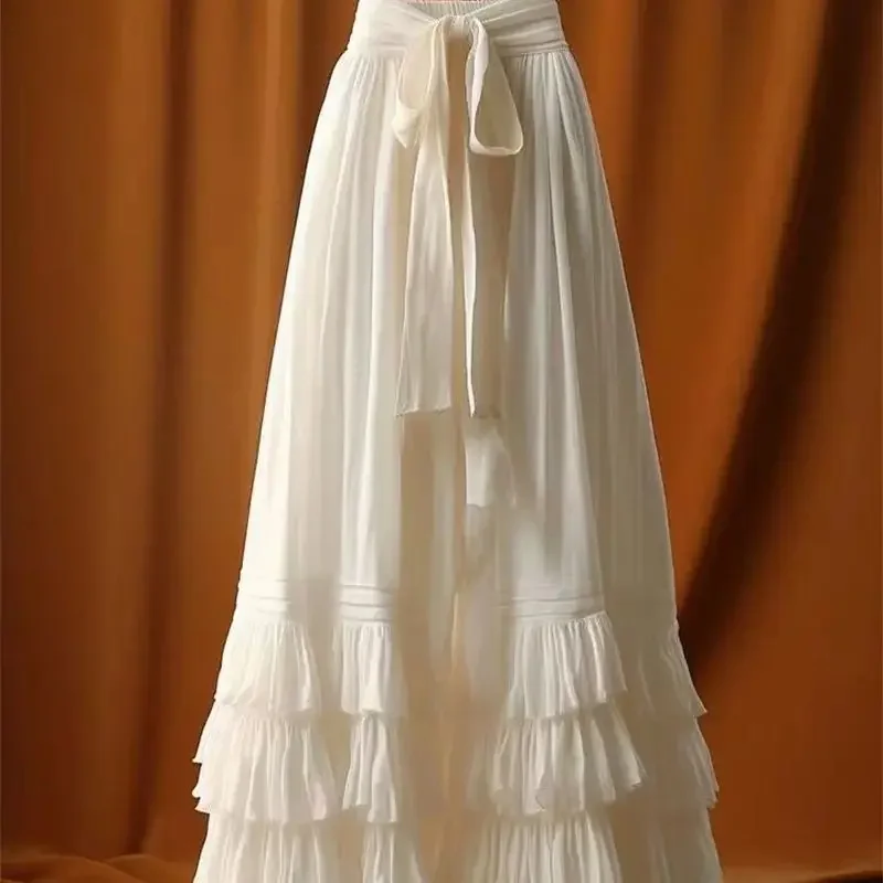 여성 하이웨이스트 레이스업 파티 주프 406P 빈티지 고딕 멀티 레이어 러플 케이크 스커트 프렌치 엘레강스 로리타 미디 스커트 스윗