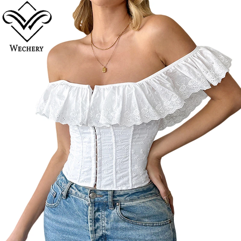 Women Off Shoulder Corset Top Ruffle Lace Bustier Vintage Lace Up Back Waist Slimming Body Shaper Party Clubwear Crop Top - view 4