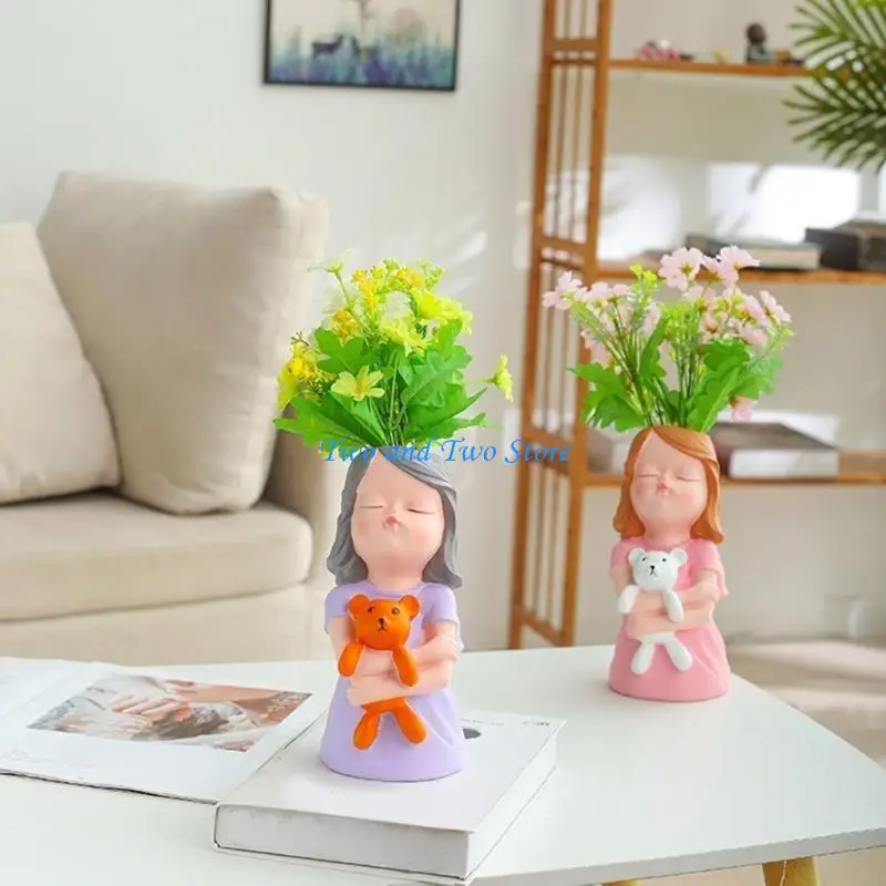 

HX6F Unique Silicone Flowerpot Molds Bear Girl Shaped DIY Pencil Holder Molds for DIY