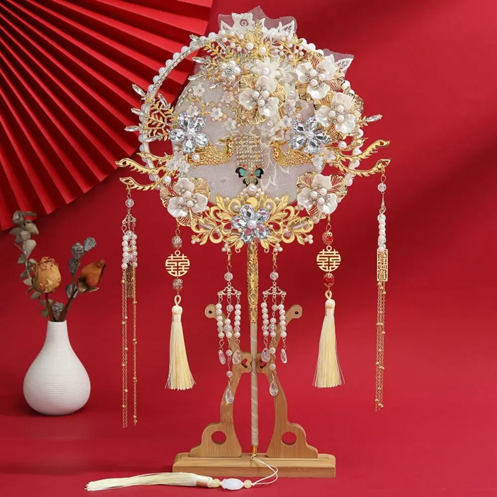 Chinese Style Long Handle Bridal Hand Fan Handmade Silk Flower Tassel Decorative Fan for Wedding Photography Hanfu Cosplay Costu