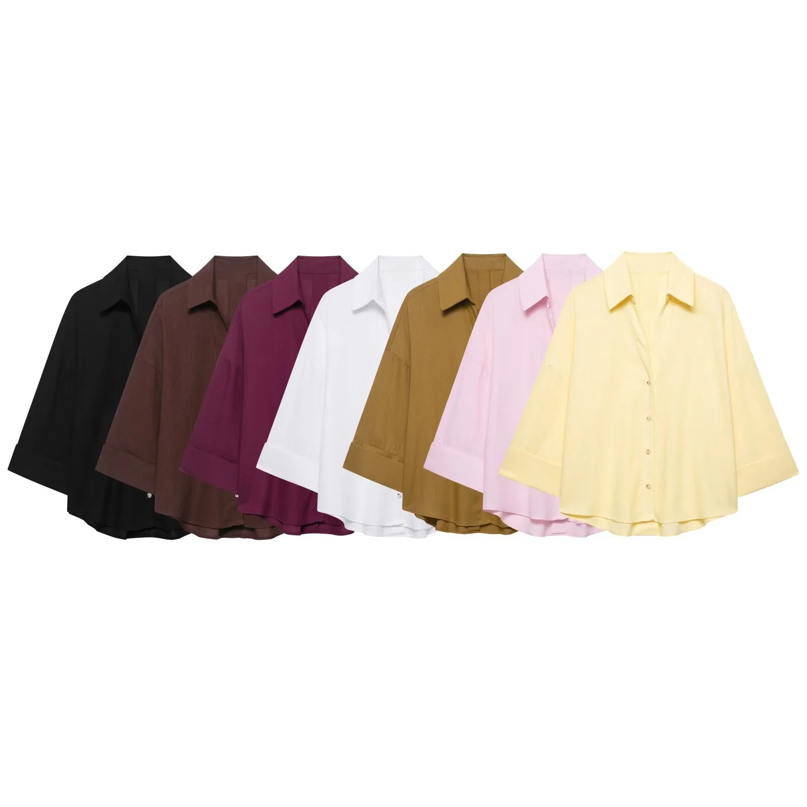 

MYST&ZA Women's Summer New Wide Sleeve Design Casual Loose Versatile Collar Seven Quarter Sleeve Linen Blended Shirt Top