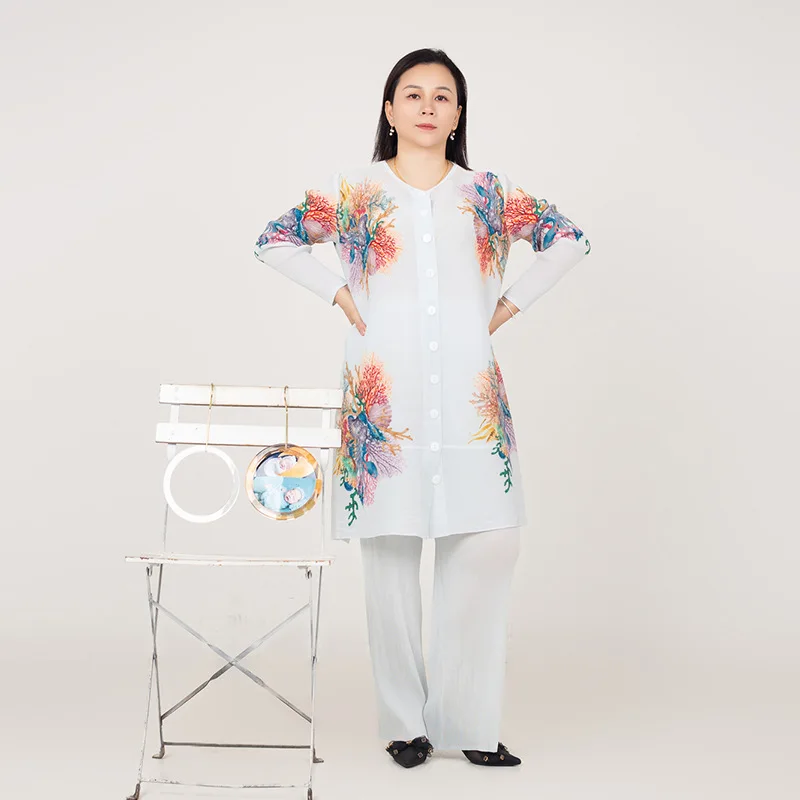 New printed round neck long sleeved temperament plus size women's pants set