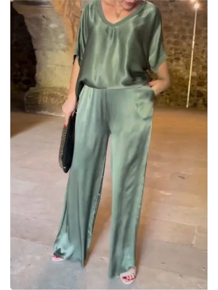 Spring Summer Fashion Solid Satin Two Piece Sets Women Sexy V-neck Short Sleeve Top + Wide Leg Long Pants Casual Two Piece Set