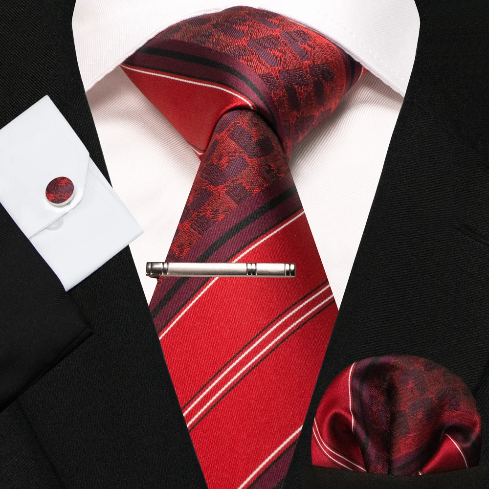 KAMBERFT Neue Klassische Seidenkrawatte für Herren Rot-Gold Gestreift Herrenkrawatte Taschentuch Manschettenknöpfe Set Hochzeit Business Party Gravatas – Detail 10