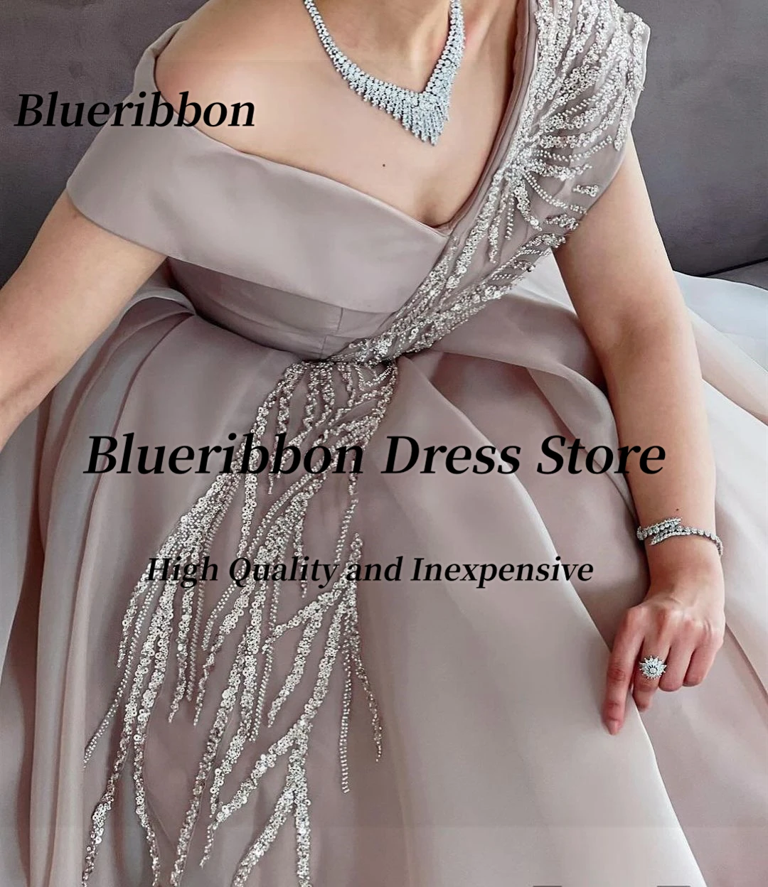 Blueribbon Ankle Length Prom Dresses Off Shoulder Sequins Homecoming Party Dress Zipper Back Wedding Guests Wear Bride Gowns