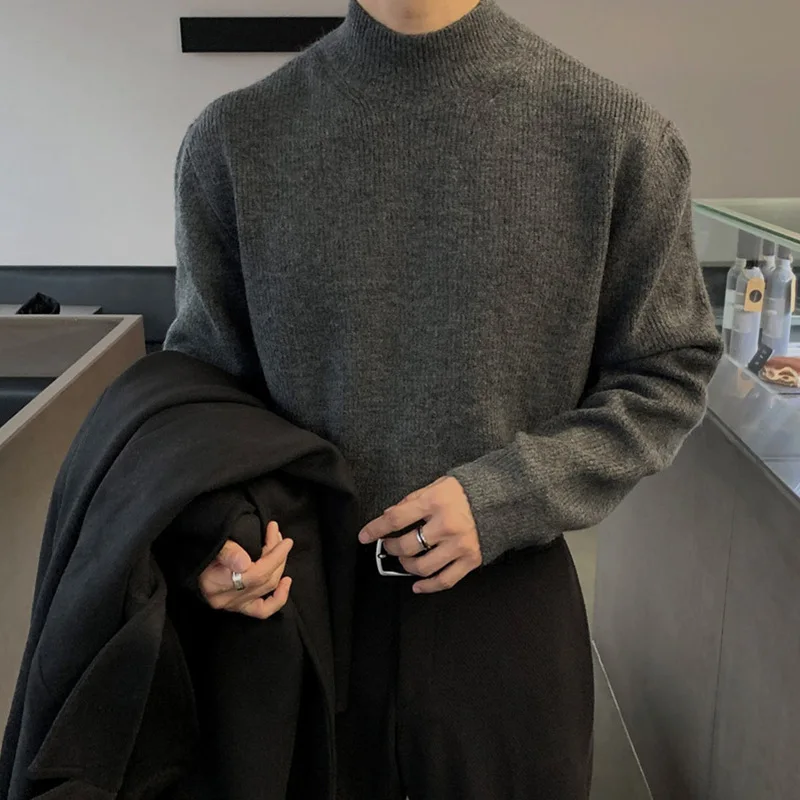 Spring Autumn Korean Style New Men Solid Color Long Sleeve Half High Collar Casual Trendy Simple Daily Knitted Undershirts Male