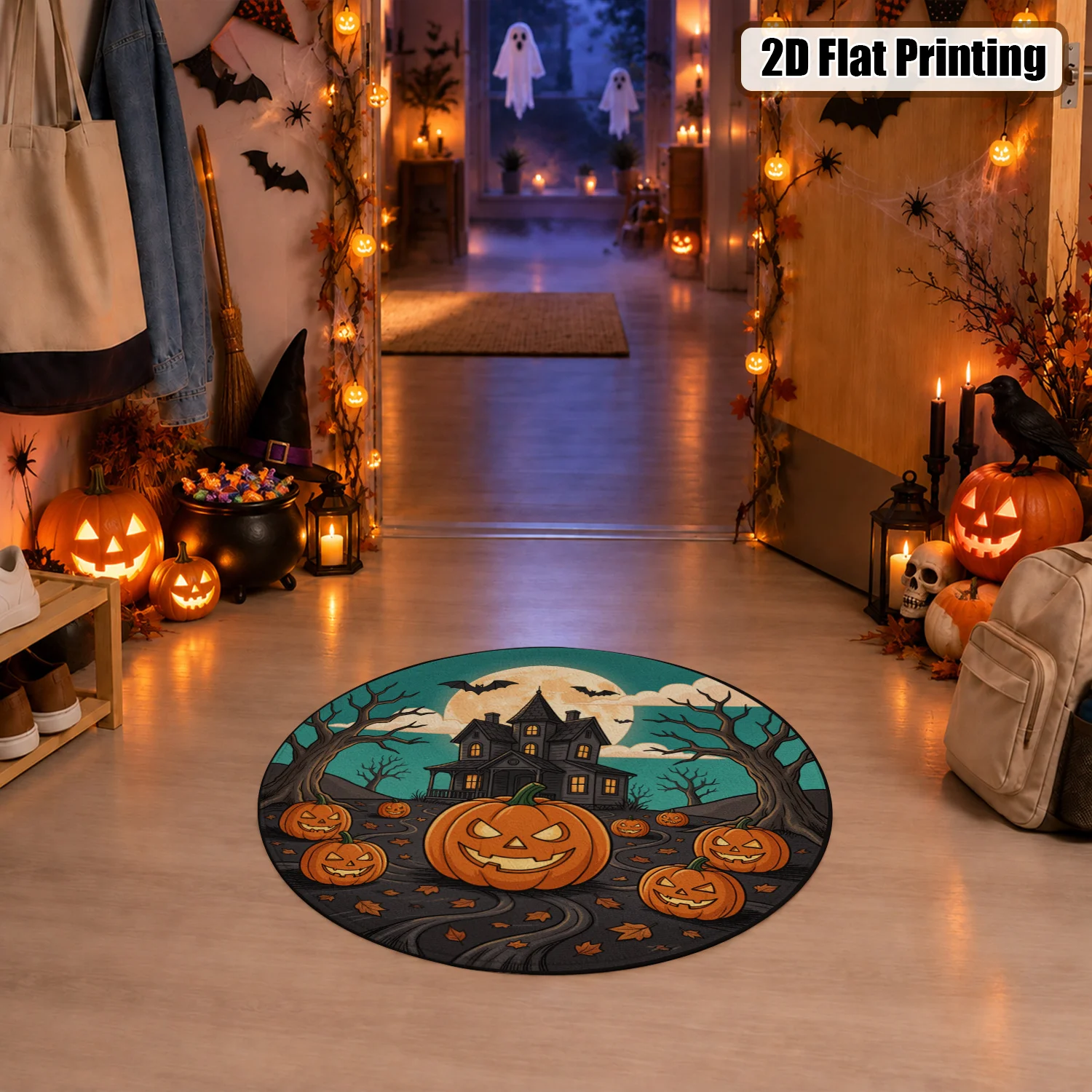 Halloween Haunted House Pumpkin Bat Velvet Rug Machine Washable for Living Room Bedroom Entryway Thanksgiving Christmas New Year Black Friday