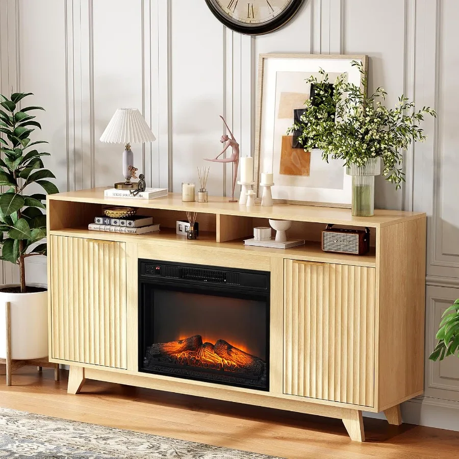 

VINGLI Fluted Fireplace TV Stand for up to 70 inch TVs Entertainment Center with Electric Fireplace Heater Adjustable Shelves O