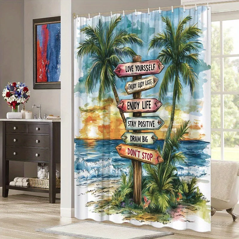Tropical Beach Shower Curtain - Vibrant Palm Tree & Sunset Design, Colorful Wooden Signpost with Positive Messages