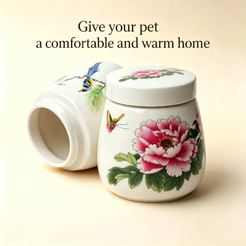 C5 Chinese Style Ceramic Pet Urn Mini Cremation Ashes Jar for Dog Cat, Hand Printed Memorial Keepsake Container Pet Loss Gift