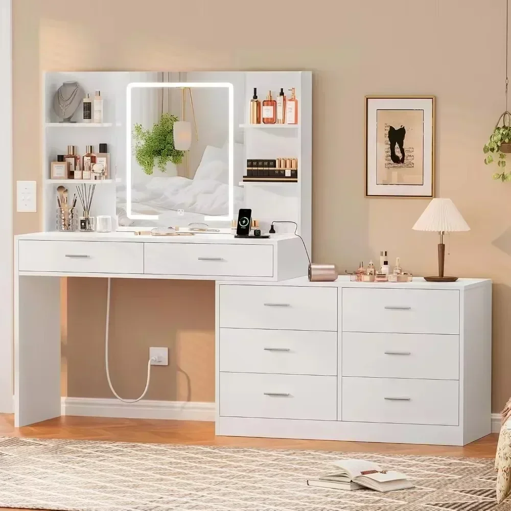 65.9'' Makeup desk with Mirror and Lighting Dressing Table with Storage Space Dressing desk