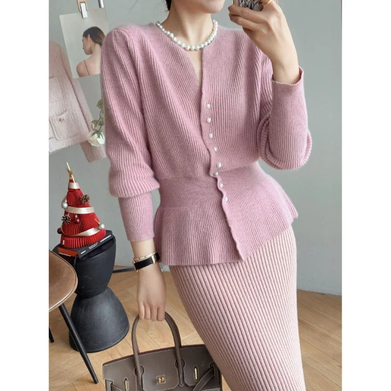 

Two Piece Of Sweater Autumn Small Fragrance Wind Quality Raccoon Fleece Sweater Women Loose Knitted Cardigan Versatile Set