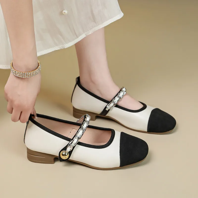 Spliced Metal One-word Buckle Soft Sole Single Shoes for Women Non-slip Chunky Heels