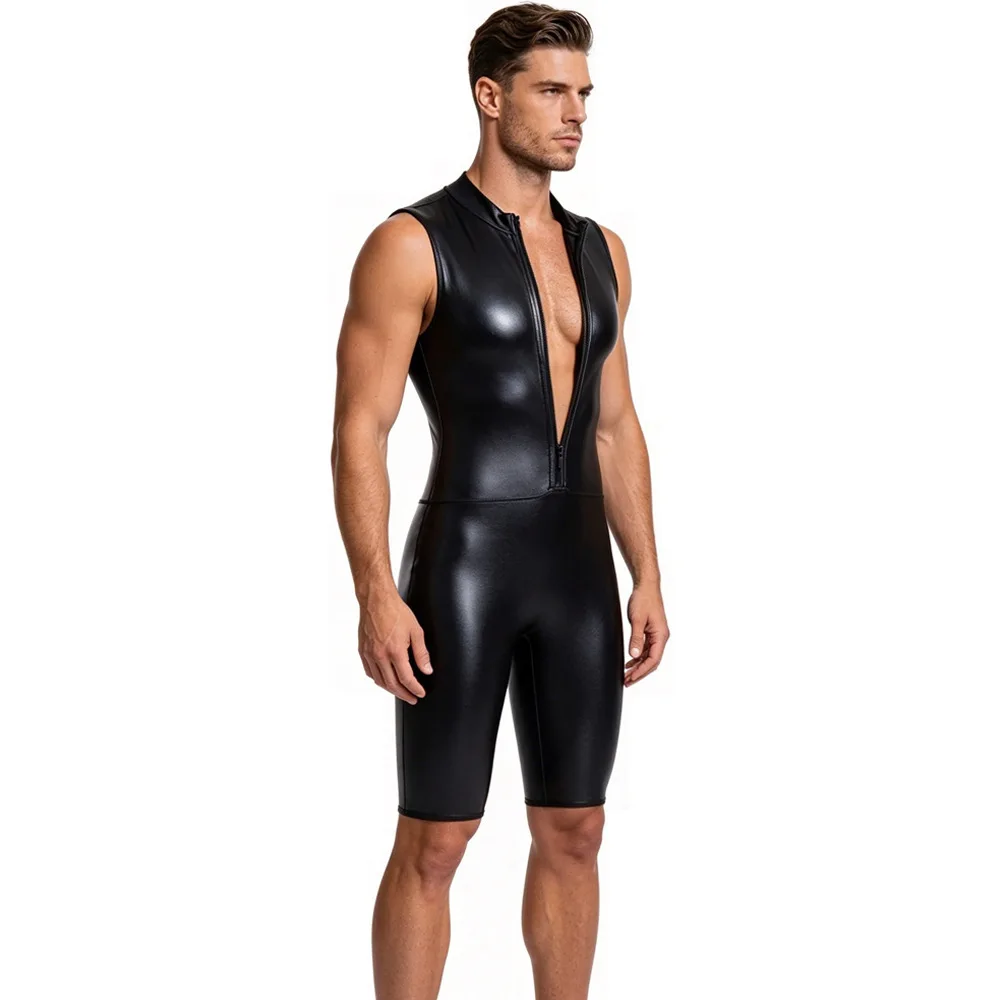 Sexy Faux Leather Bodysuits Men's Front Zipper Open Leotards Jumpsuits Nightclub Wrestling Sleeveless Tight Rompers Shapers 2026