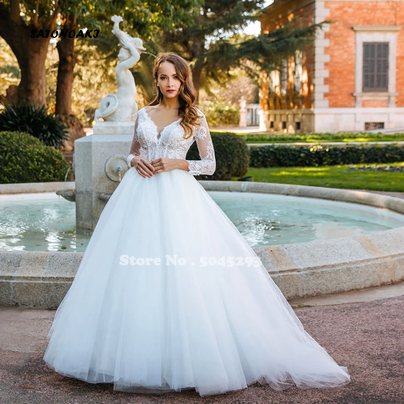 Vestidos de novia boho vestido de casamento com decote em v apliques de renda manga longa sem costas trem varredura princesa vestido de noiva robe mariée