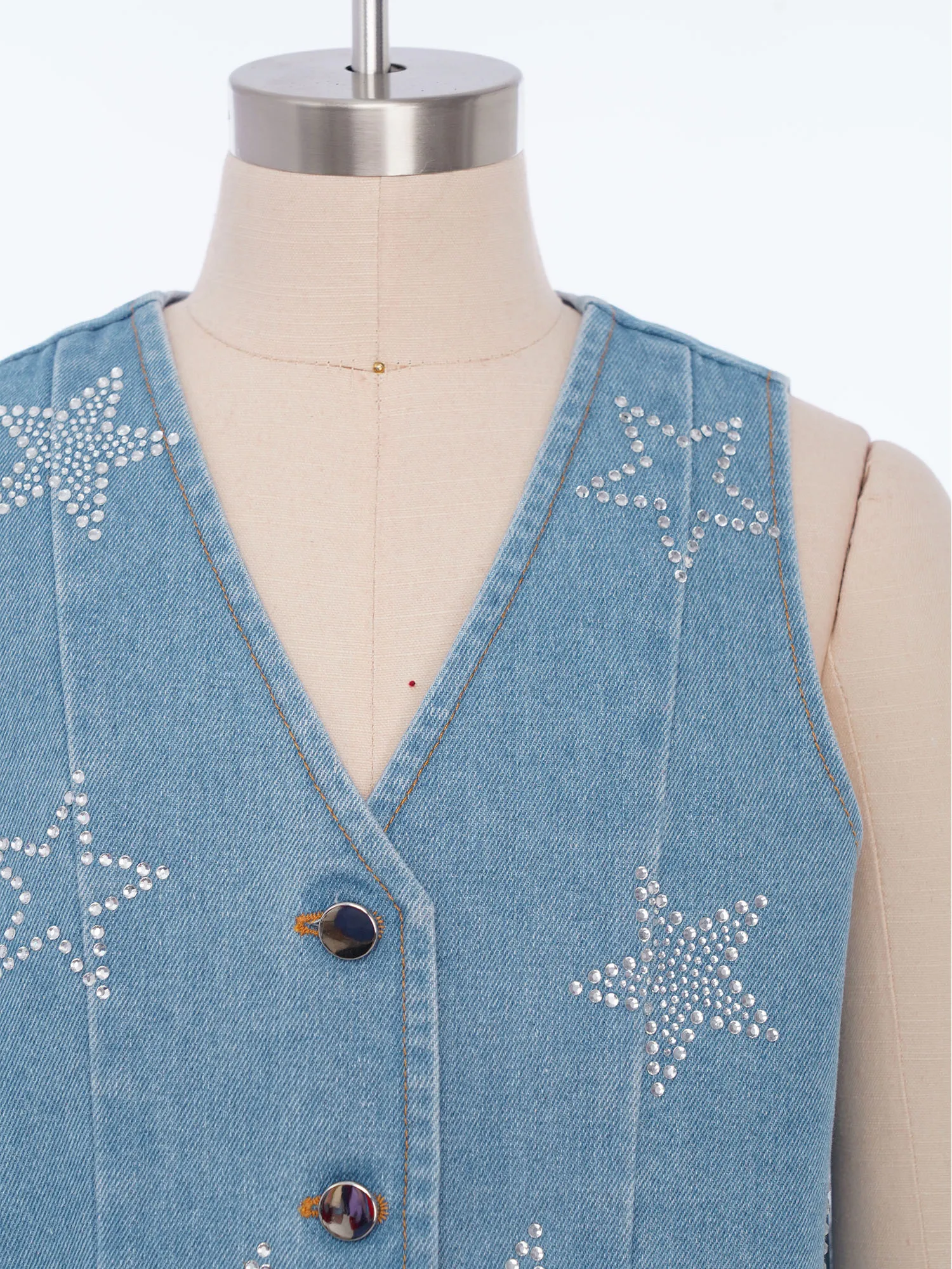 Kids Girls Denim Vest Casual Clothes Shiny Rhinestone Stars Sleeveless Buttons Jacket Asymmetrical Waistcoat for Performance