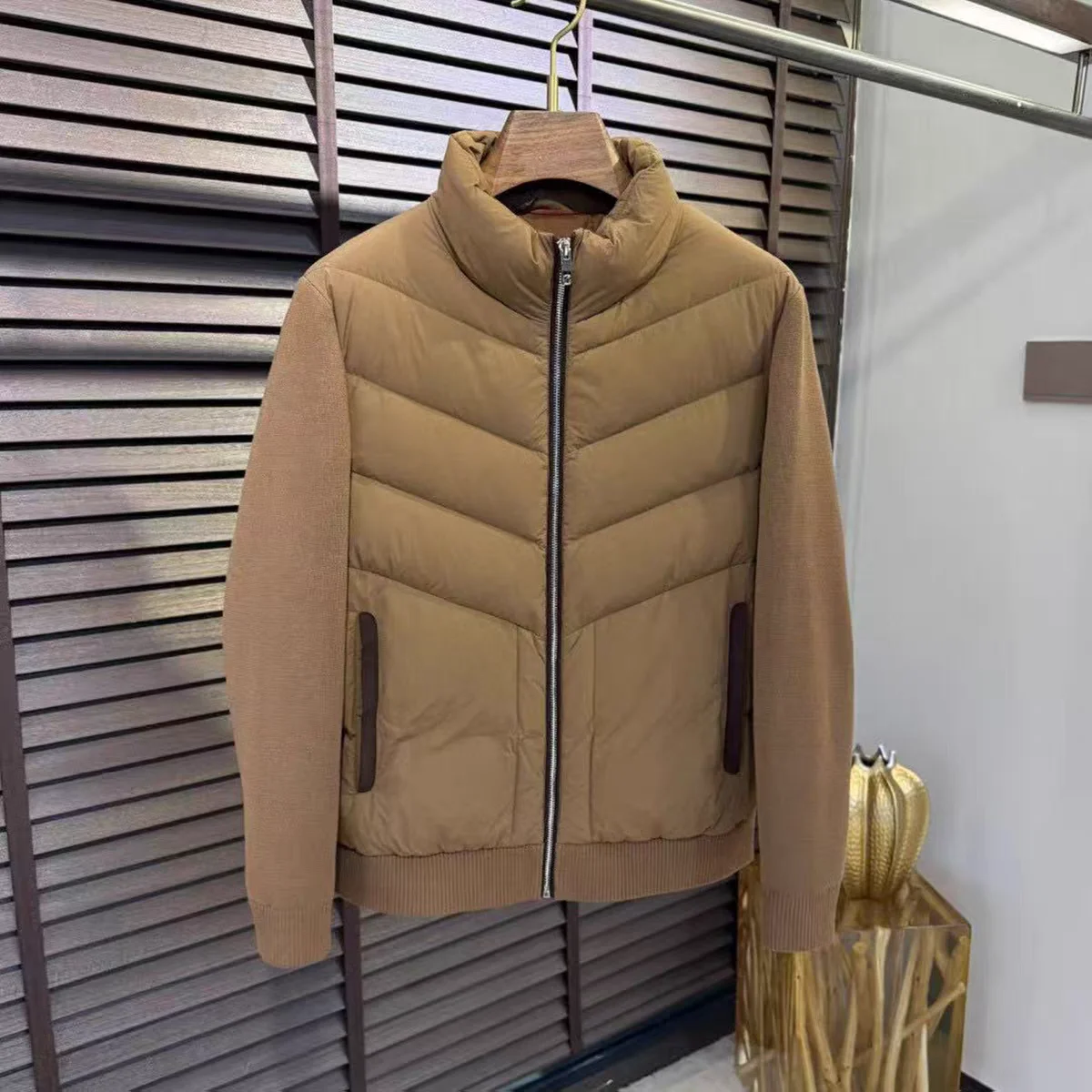 Faionable محبوك المرقعة الوقوف طوق أسفل Jaet الرجال الخريف الشتاء جديد وصول Busin Sle الأبيض دو ريشة سترة #2