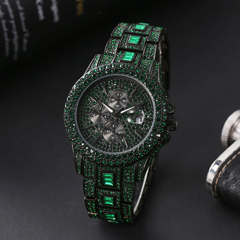 Luxury Men Watches Personalized Green Blingbling  Diamond Quartz Timepiece Fashion Ice Out  Male Wristwatch Best Sale For Gift