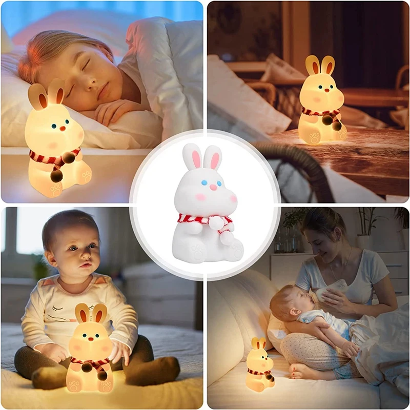 Simpatico coniglietto per bambini, luce notturna, 7 colori che cambiano, lampada Kawaii con controllo del rubinetto, morbido silicone, arredamento per la camera, ricaricabile tramite USB