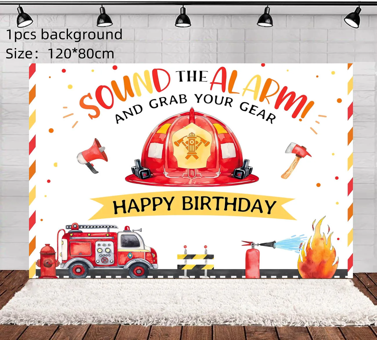 Feuerwehr-Party-Set: Teller, Becher, Servietten, Einweggeschirr, Flaggen, Banner, Geburtstagsdekoration, Feuerwehrmann-Partyballons, Kuchendekoration – Detail 1