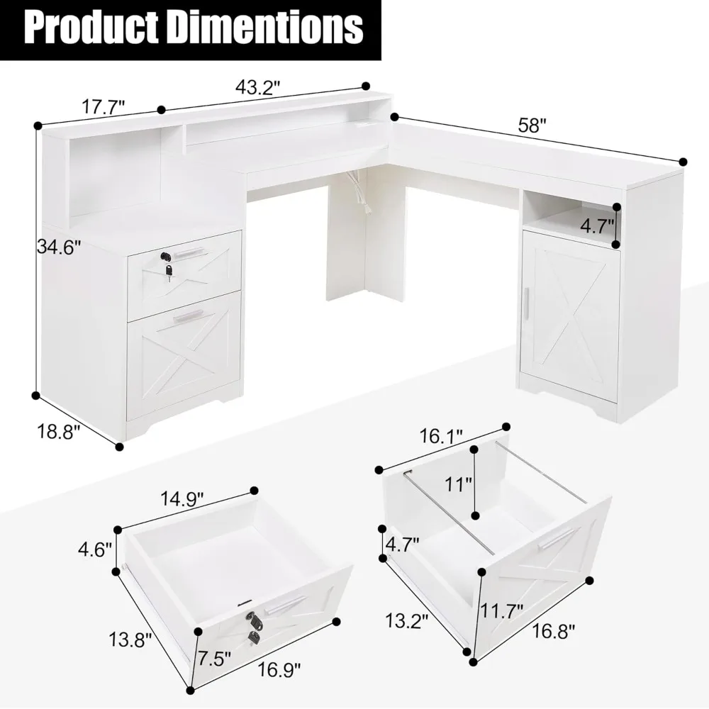 مكتب تنفيذي على شكل حرف L مقاس 60 بوصة مع مساحة تخزين للطابعة، ومكتب كمبيوتر زاوية يتميز بمنافذ طاقة وأدراج قابلة للقفل والضبط #2