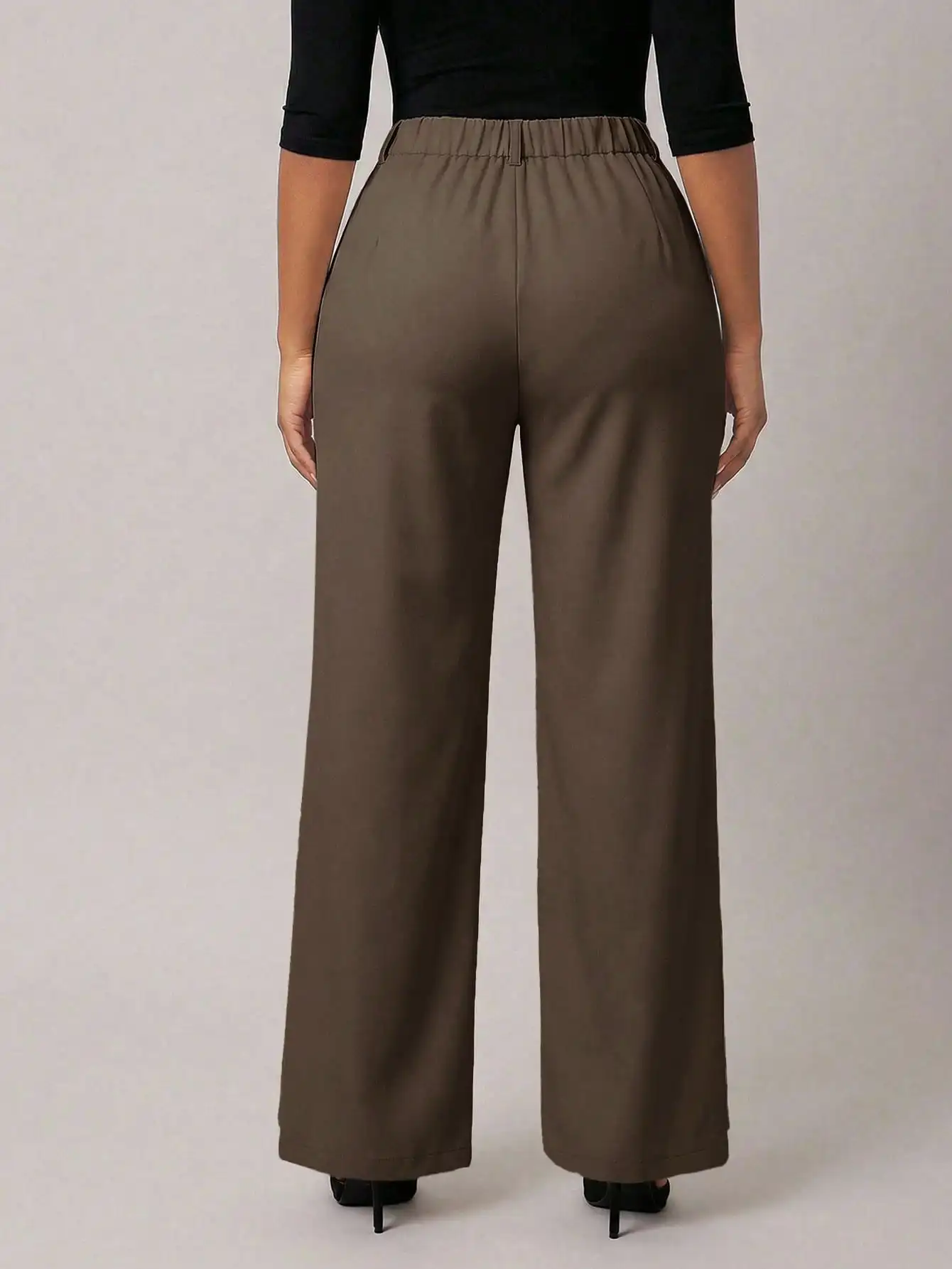 Radiana Women High Waist Relaxed Fit Wide Leg Elegant Pants With Button Detail Brown