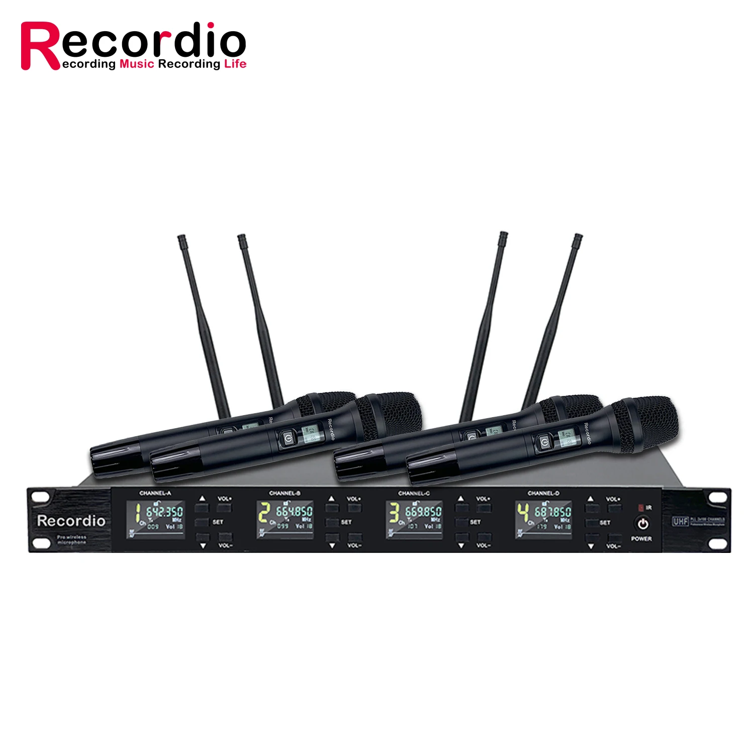 Recordio GAW-DH3400 Four Channel 640-690MHz Wireless PLL Handheld Microphone for Karaoke Stage Performances & Outdoor Use