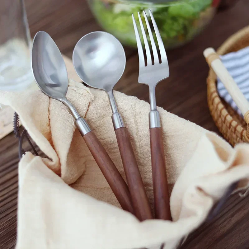 Stainless Steel Imitation Walnut Wooden Handle Cutlery Set Dinnerware Clamp Western Tableware Knife Fork Tea Spoon