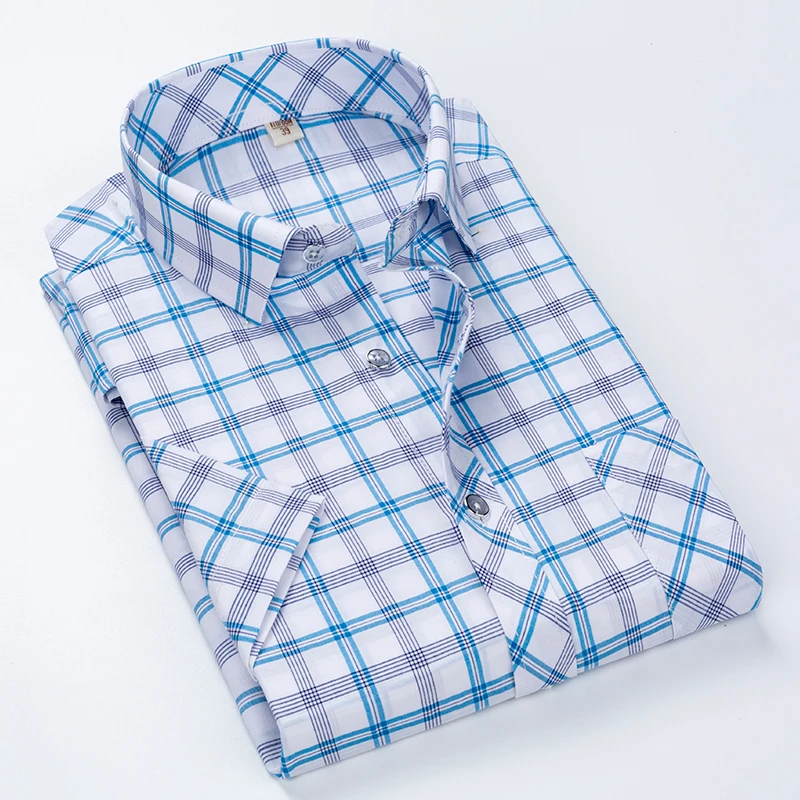 Blue And White Plaid Shirt Men Shirts 2024 New Summer Fashion Chemise Homme Mens Checkered Shirts Short Sleeve Shirt Men Blouse