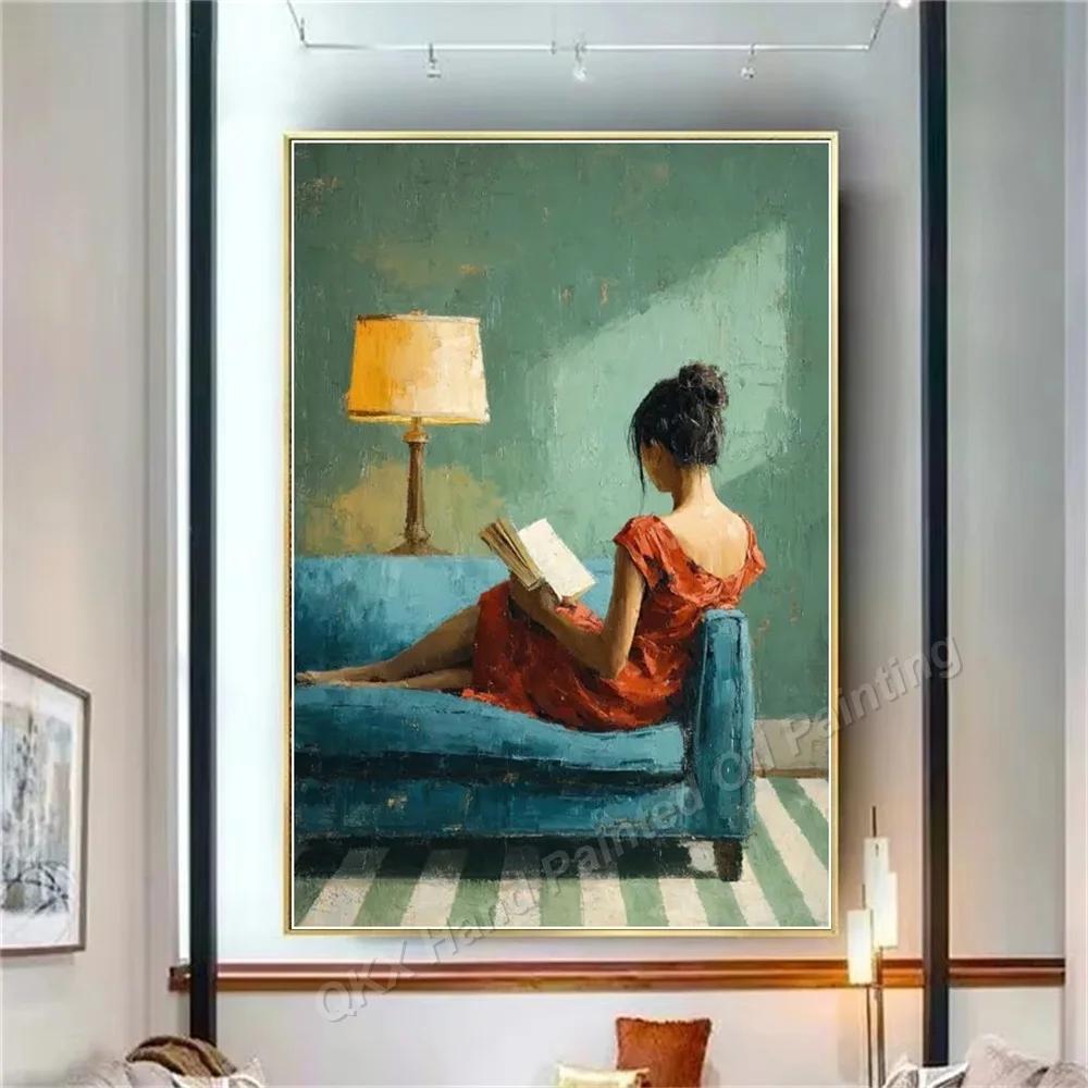 100% Hand-Painted Original Textured Oil Painting Reading Girl Figure Canvas Wall Art for Living Room Book Bar Bedroom Decor