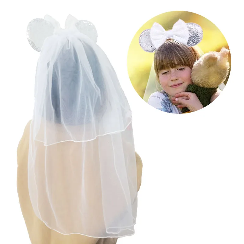 New White Day Mouse Ears Hairband With Veil Sequins 5\